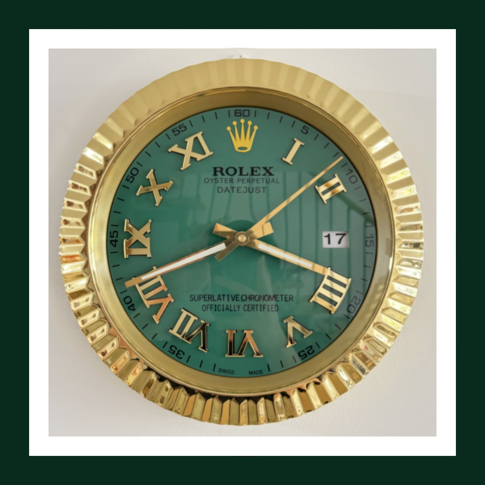 Datejust Green Dial Roman Numerals Gold Fluted Bezel Wall Clock