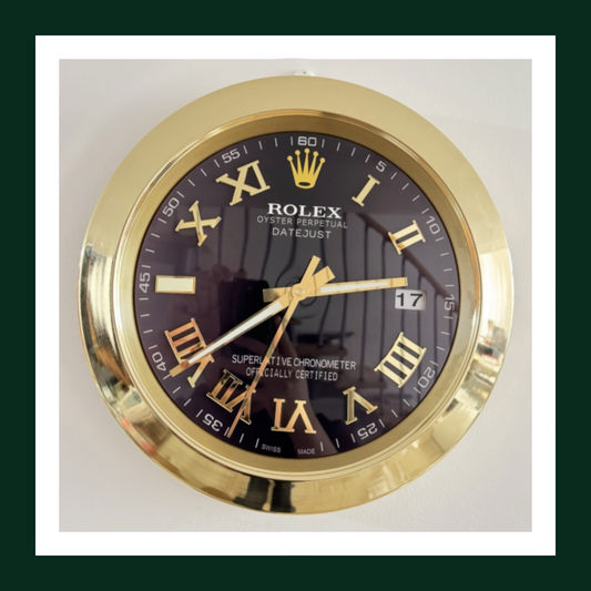 Datejust Black Dial Roman Numerals Gold Smooth Bezel Wall Clock
