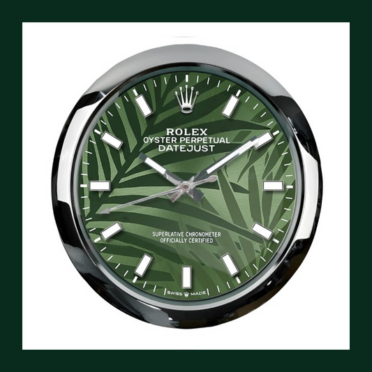 Datejust Green Palm Motif Dial Silver Smooth Bezel Wall Clock